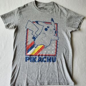 Pikachu Pokemon Graphic T Shirt Retro Design Short Sleeves Gray Small